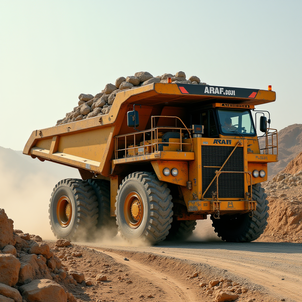 The image depicts a large yellow mining dump truck loaded with rocks, moving through a rugged, dusty landscape. The truck is enormous, with gigantic tires and sturdy construction, highlighting its capacity for carrying heavy loads in mining operations. Its design is robust, featuring a high cab for the driver and safety railings around the exterior. The wheels are kicking up dust as it travels along a dirt path lined with rocks, suggesting an active mining site. The background consists of rocky terrain and hills, under a clear sky, indicating a dry, arid environment.