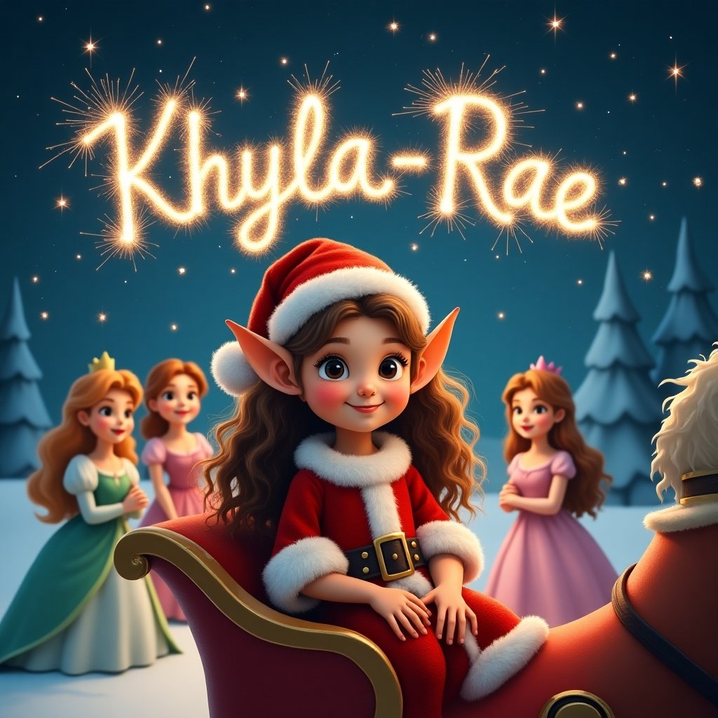 This image depicts a four-year-old girl with long brown curly hair and brown eyes, styled as a pixie elf on the shelf. She is sitting in a sleigh next to Santa Claus, surrounded by princesses in colorful dresses. The backdrop features a night sky filled with stars. Above them, the name 'Khyla-Rae' is created with sparkling lights. The scene is festive and enchanting, ideal for a children's holiday theme, capturing the essence of warmth and imagination.