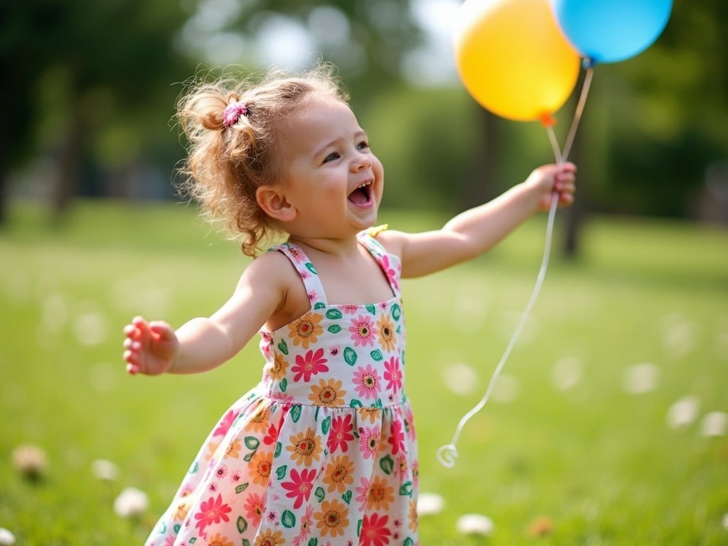 A 3-year-old girl is smiling brightly as she runs in a park, holding two colorful balloons in her hand. She's wearing a floral dress that adds to the cheerful vibe of the moment. The sunlight beautifully illuminates her joyful expression. Around her, the green grass is dotted with small flowers, enhancing the natural setting. This image captures the essence of childhood joy and innocent playfulness.