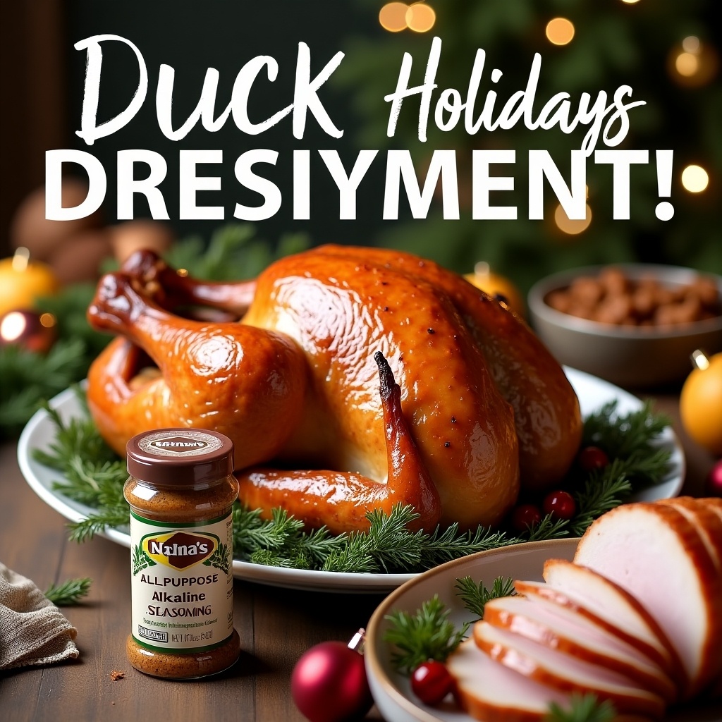 The image features a deliciously roasted turkey resting on a platter adorned with fresh greens and festive decorations. Surrounding the turkey are portions of glazed ham and pine nuts, creating a rich holiday spread. In the foreground is a bottle of Nana’s All Purpose Alkaline Seasoning, emphasizing its role in preparing the meal. The warm lighting creates an inviting atmosphere perfect for holiday gatherings. The text above reads 'DUCK Holidays DRESIYMENT!', highlighting the festive theme. This visual captures the joy of holiday meals shared with family and friends.