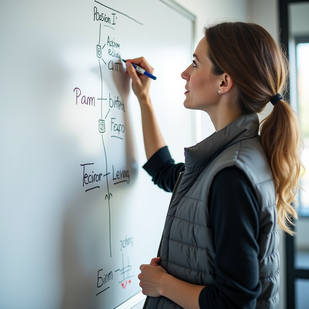 A person draws diagrams on a whiteboard, deep in thought.