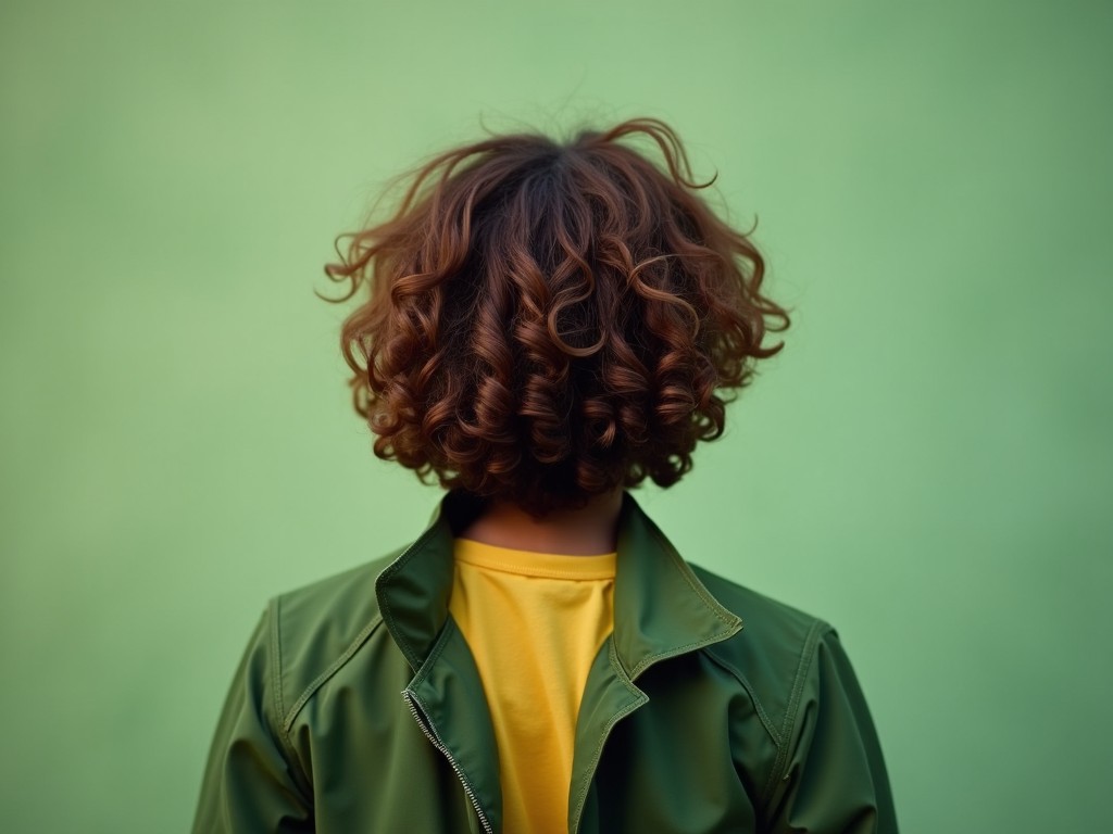 The image shows the back of a person with curly brown hair. They are wearing a green jacket over a yellow shirt. The background is a soft green, suggesting a simple outdoor setting. Soft light seems to illuminate the scene making it peaceful. The overall atmosphere feels casual and relaxed, focusing on the attire of the individual.