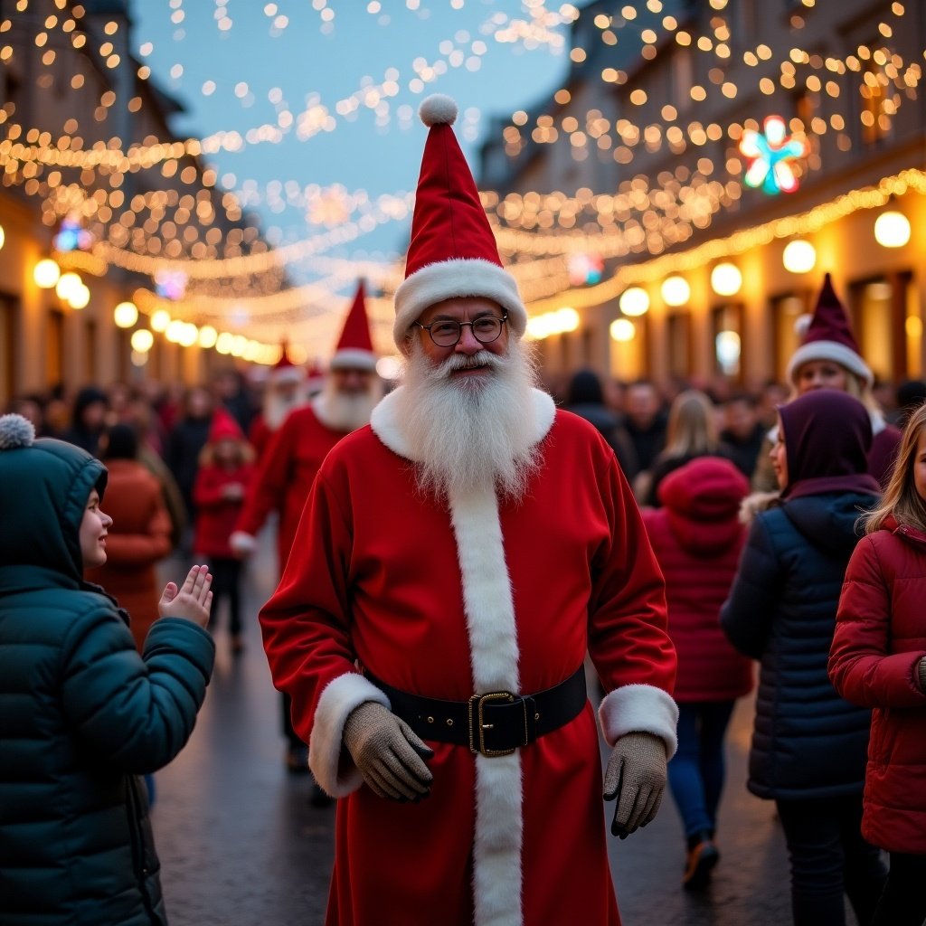 The image captures a festive street scene filled with holiday cheer. A joyful Santa Claus stands prominently in a red suit surrounded by children and adults. The street is adorned with twinkling lights and seasonal decorations, creating a magical atmosphere. People are seen interacting with Santa, celebrating the spirit of Christmas. The setting is vibrant and bustling, portraying a communal holiday experience.