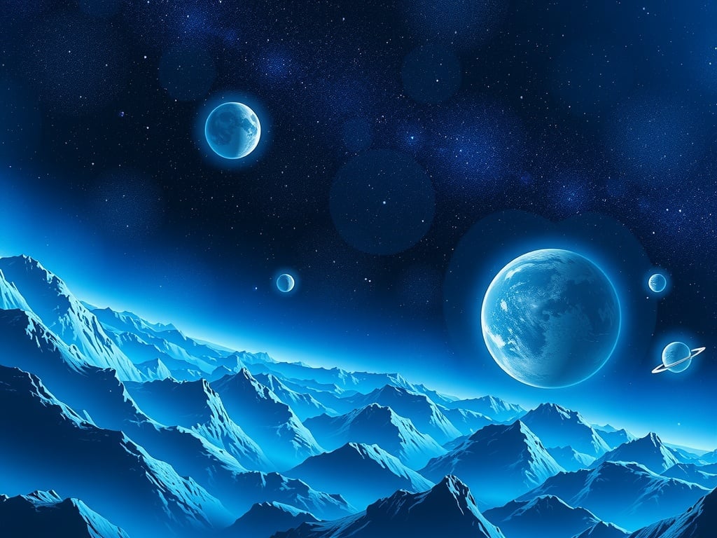 A surreal landscape with icy mountains under a night sky filled with glowing planets.