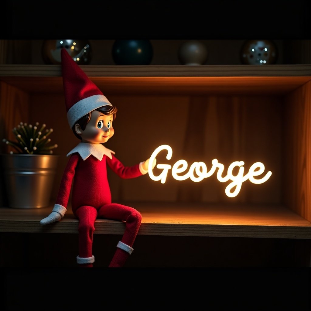 This image features a charming boy elf on the shelf. He is dressed in a traditional red and white outfit. The elf is holding a glowing stick that forms the name 'George' in bright, illuminated letters. The background is dark, which enhances the whimsical glow of the text. This festive scene beautifully captures the magic of Christmas and the joy of the holiday season, evoking feelings of warmth and happiness.