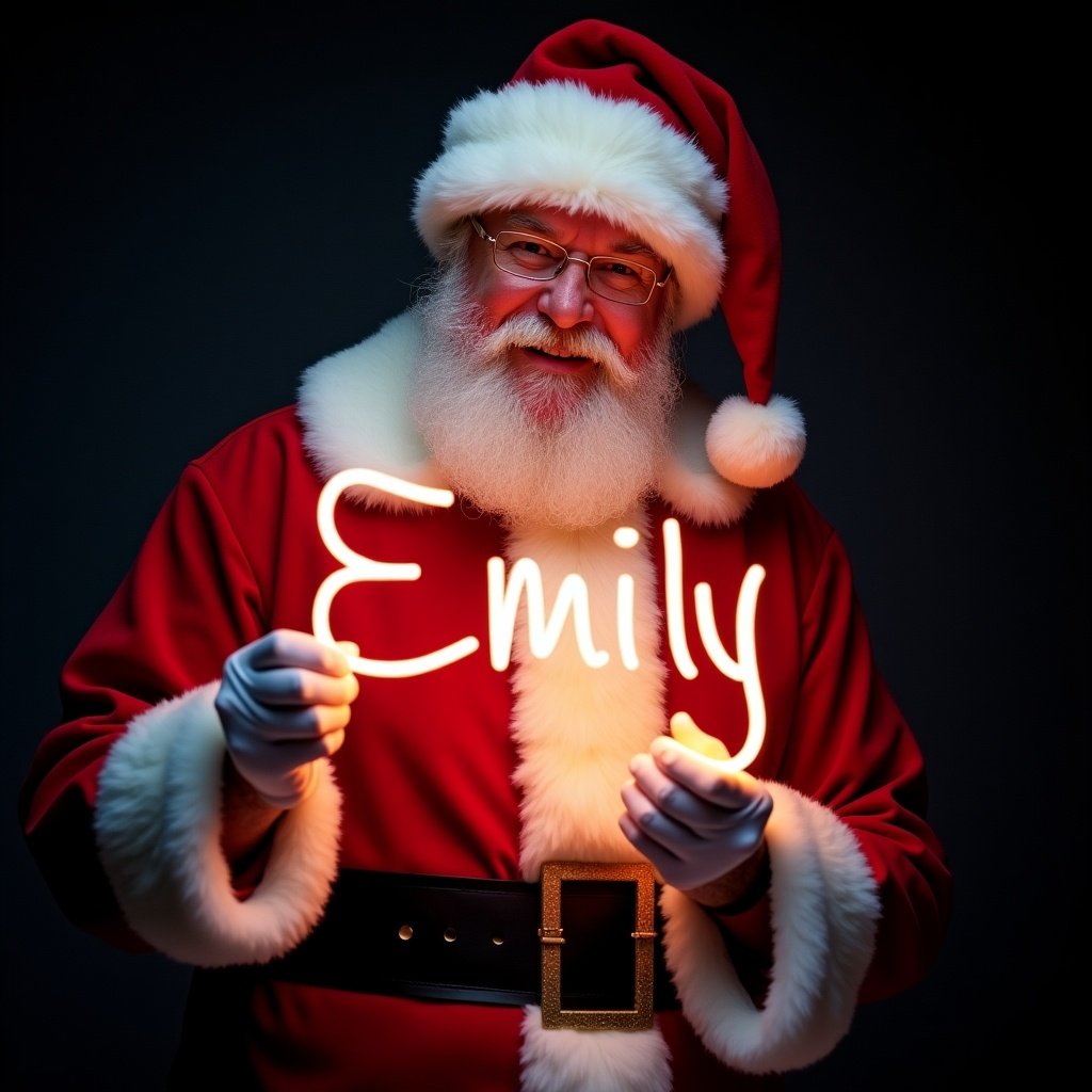 This image features Santa Claus in his classic red and white suit. He is cheerfully holding a glowing stick that forms the name 'Emily.' Santa's demeanor is full of warmth and holiday spirit. The dark background adds emphasis to the bright light of the text. This festive scene captures the magic of Christmas and the joy of the season. It's ideal for conveying holiday wishes and excitement.