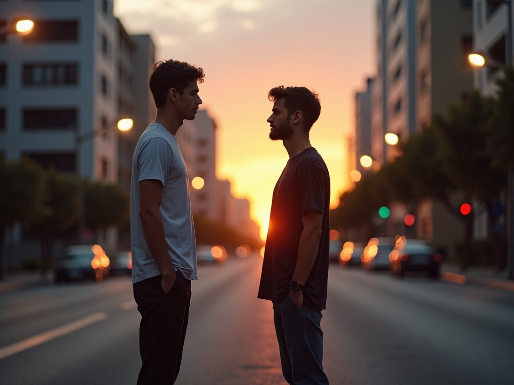 The image captures a powerful moment between two young men standing in the middle of an urban street during sunset. They face each other, with a city backdrop and warm light illuminating their features. The focus is on their serious expressions as they engage in a silent conversation. Surrounding them are blurred cars and buildings, adding depth to the scene. The sunset casts a warm orange hue, enhancing the emotional intensity of the moment.