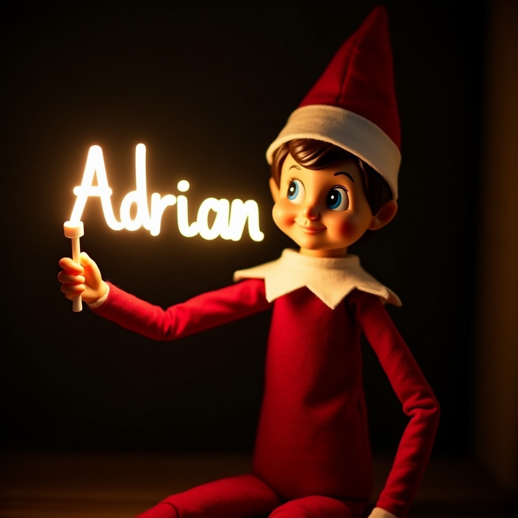 This image features an elf on the shelf character, dressed in traditional red and white attire. The elf is holding a glow stick that forms the name 'Adrian' in bright, soft light. The background is dark, which enhances the glowing effect of the text. It creates a warm, festive atmosphere, embodying the joy of the holiday season. The scene evokes feelings of magic and cheer associated with Christmas celebrations.