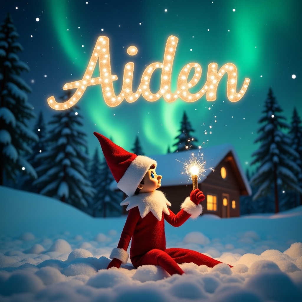 An elf on the shelf is seated on a snowy ground, holding a shimmering magic wand. Above him, the name 'Aiden' is written in sparkling letters. The backdrop features vibrant northern lights, illuminating the night sky. There is a cozy cabin in the distance, surrounded by snow-covered trees. The entire scene radiates warmth and embodies the essence of Christmas, capturing the joy of the holiday season beautifully.