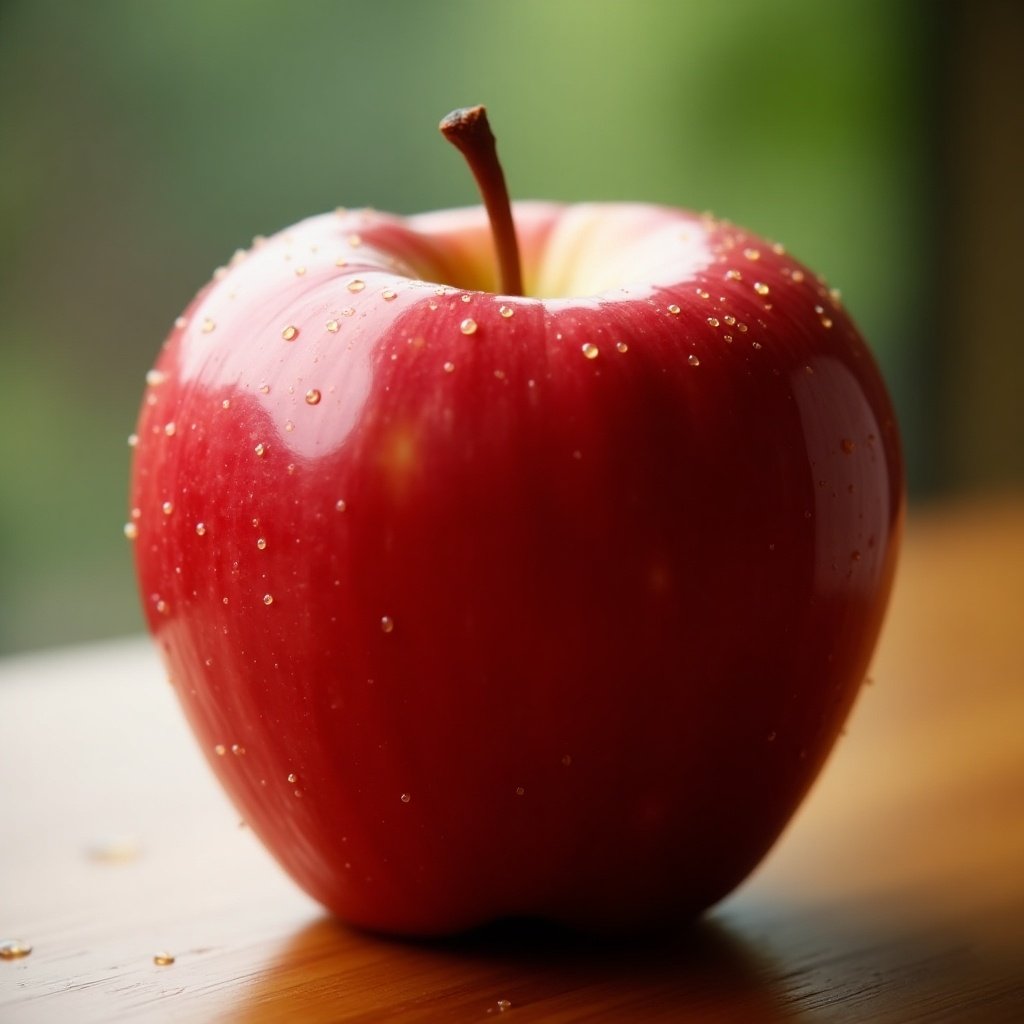 The image showcases a fresh red apple glistening with droplets of water. It is displayed prominently on a wooden surface that adds warmth to the scene. The background is softly blurred, emphasizing the apple's vibrant color and shiny skin. The natural light creates a beautiful sheen, making the apple appear juicy and inviting. This composition highlights the apple's appeal as a healthy and delicious snack choice.