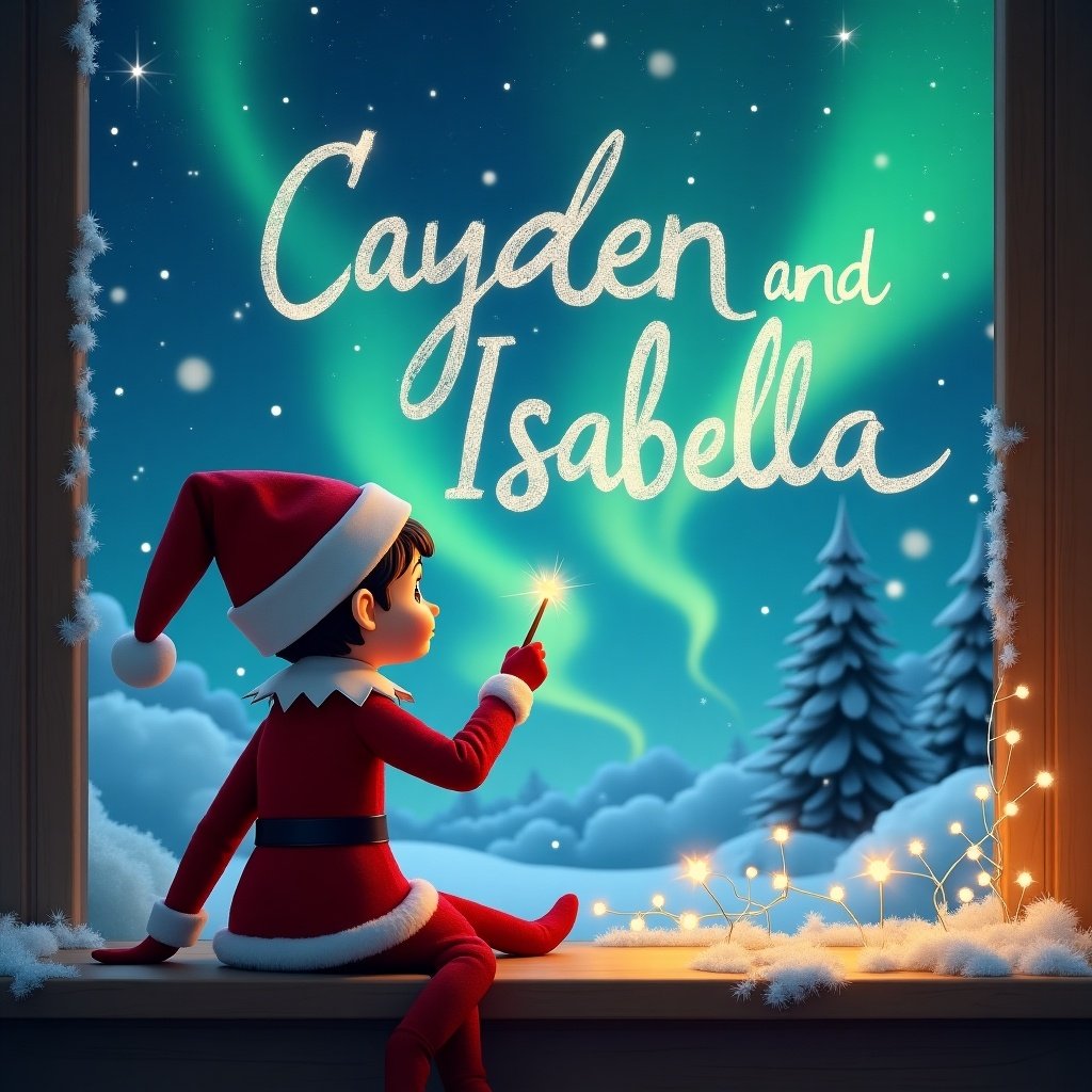 An elf on the shelf sits with his back to the viewer, gazing up at the night sky filled with breathtaking northern lights. Using a wand, the elf is writing the names 'Cayden and Isabella' in sparkling clouds above. The background features snow-covered trees and soft glowing lights, creating a magical holiday atmosphere. It's a cozy scene seen from a warmly decorated room. The elf, in classic red and white attire, radiates the joy of the Christmas season as he makes a special wish.