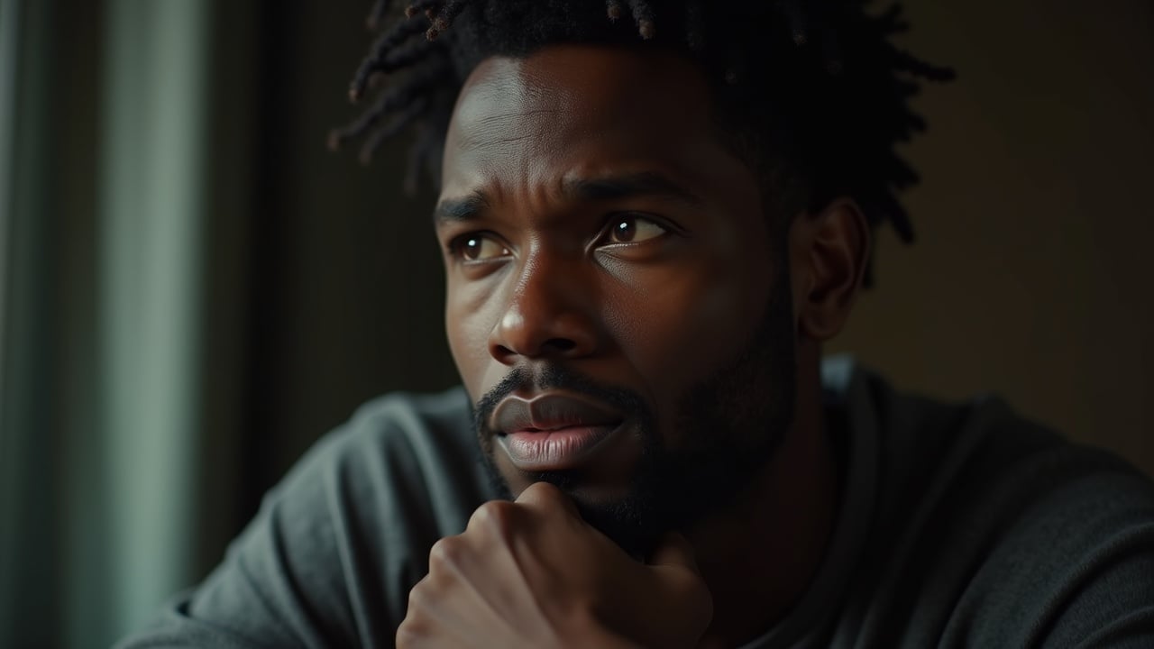 A close-up portrait of a man with a contemplative expression, softly lit from the side, emphasizing thoughtful emotion and focus.