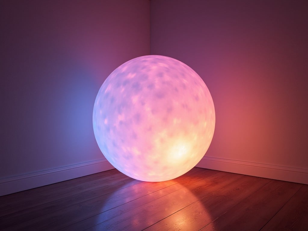 The image features a glowing, ethereal sphere that radiates colorful light. It is positioned in the corner of a room, casting vibrant reflections on the walls. The soft hues of purple, orange, and blue create a warm and inviting atmosphere. The sphere's design suggests a modern, artistic approach to lighting. This visually striking element can serve as a focal point in any interior space.