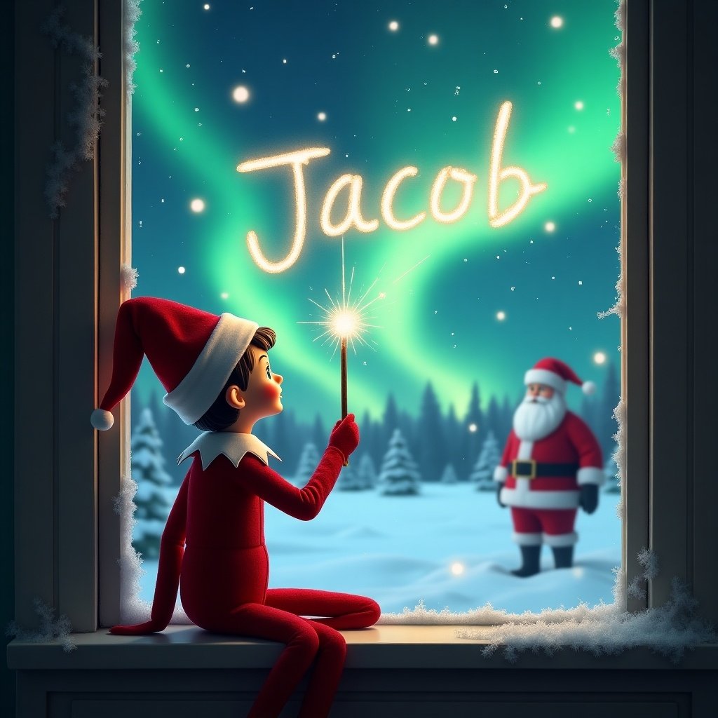 The image depicts an enchanting Christmas scene. An elf on the shelf sits on a windowsill, facing the outdoors. With a magical wand, the elf is writing the name 'Jacob' in the sky. The background features a beautiful display of northern lights. Santa Claus is seen in the distance, adding to the holiday spirit.