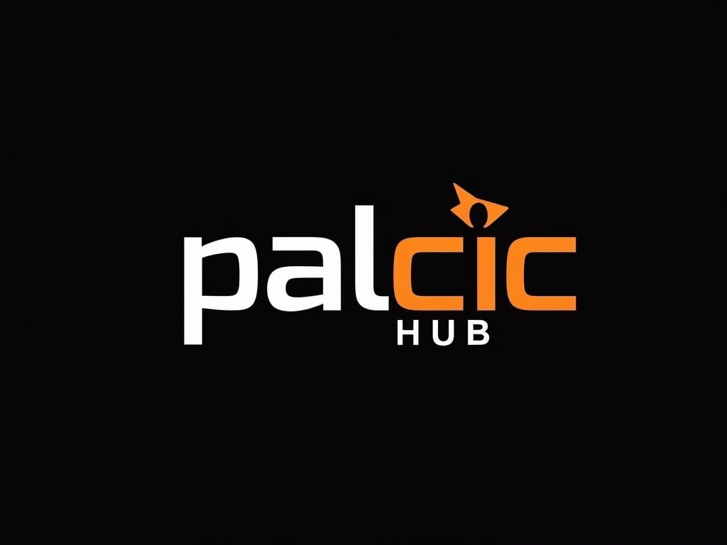 A minimalist logo for 'Palcic Hub' featuring a sleek combination of white and orange text on a black background. The word 'pal' is in white, and 'cic' is in orange, creating a striking contrast. An abstract orange symbol, likely representing a connection or network motif, is placed above the 'c'. The word 'HUB' is positioned below in smaller white font, emphasizing connectivity and modernity.