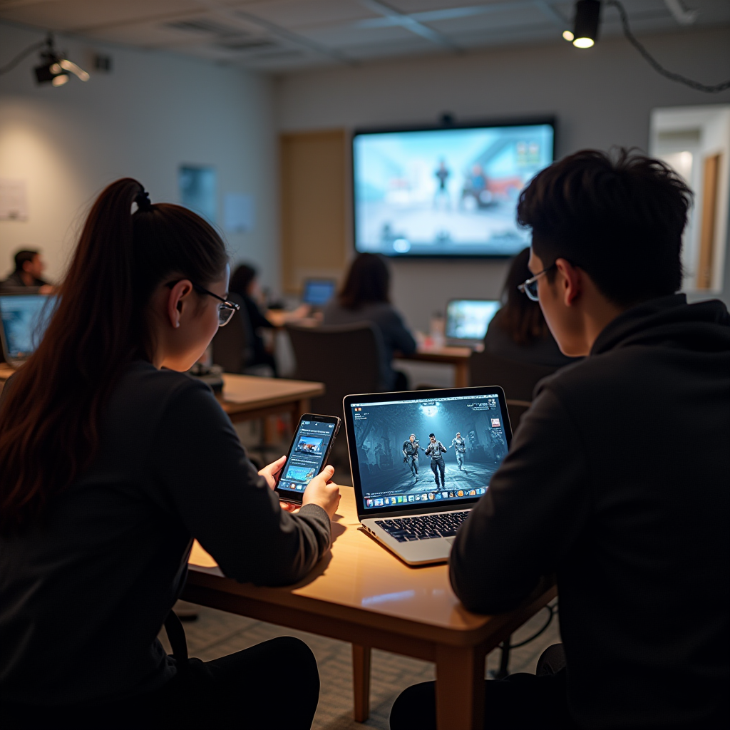 Students in a classroom look at game content on their laptops and phones.