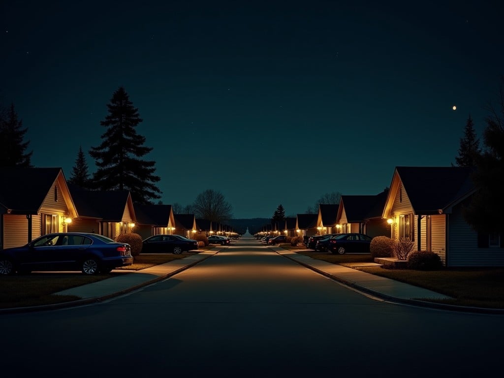 A serene night-time in a suburban neighborhood illuminated by a few lights in front of the houses. Cars are parked in front of each house. This tranquil setting evokes a sense of peace and solitude. The dark blue sky contrasts with the soft yellow lights, creating a calming atmosphere. The street is lined with identical houses, providing a symmetrical and harmonious view.