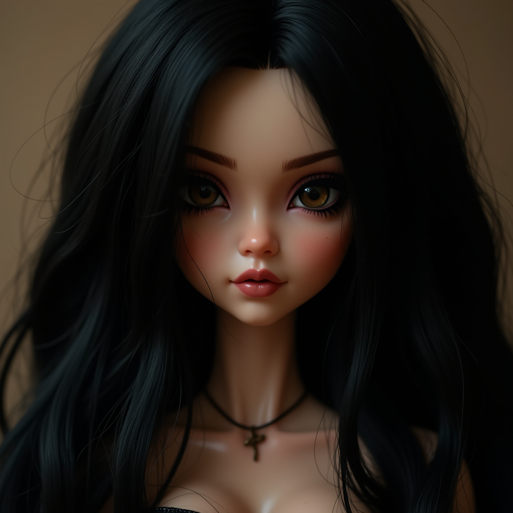 A close-up artistic portrait of a doll with long black hair and striking features.