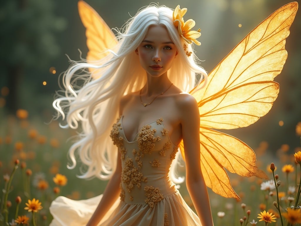 The image features a stunning fairy in a magical setting. She stands gracefully amidst a field of flowers. Her wings shimmer with a golden light, captivating anyone who sees them. Flowing white hair is adorned with delicate golden lily flowers, enhancing her beauty. She wears a dress made of delicate fabric that features floral patterns, showcasing a connection to nature.