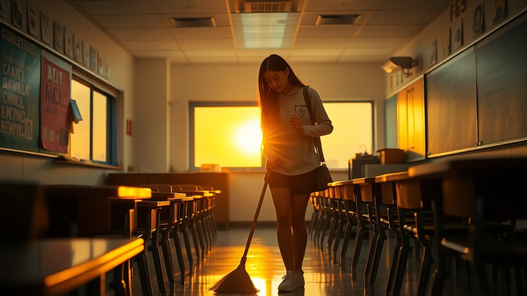 In the image, a student stands in an empty classroom sweeping the floor. The setting sun casts a warm golden glow through the windows, creating elongated shadows across the room. The composition highlights the solitude and tranquility of the scene, evoking a sense of calm and reflection.