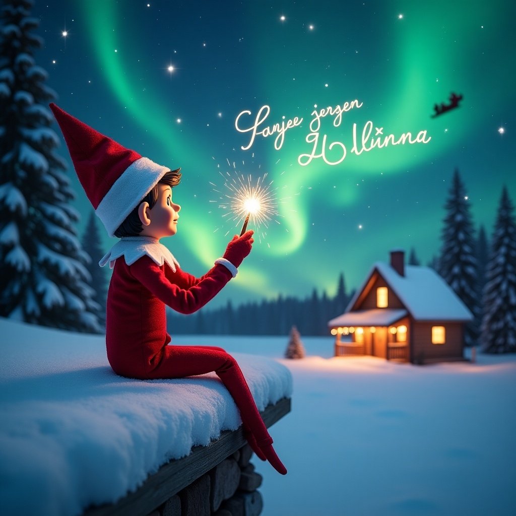 This enchanting scene features an elf on the shelf sitting on a snowy ledge, facing away from the viewer. The elf gazes up into a beautiful night sky filled with twinkling stars and vibrant northern lights. He holds a sparkling wand, writing names in the air, creating a magical effect. In the background, a cozy cabin glows warmly, evoking a sense of holiday comfort. Santa and his sleigh can be seen flying across the sky, adding to the festive atmosphere. The whole image radiates the joy and wonder of the Christmas season.