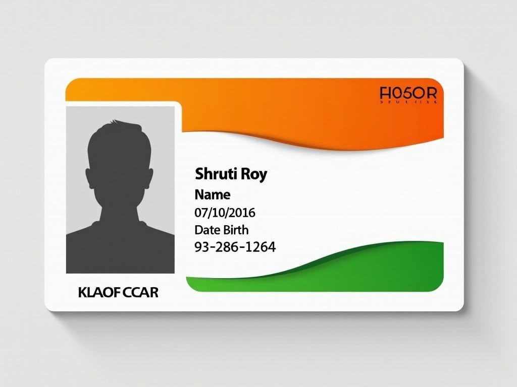 This image showcases a realistic Indian ID card. It features the colors of the Indian flag prominently in green and orange. The card contains spaces dedicated for personal information such as the photo, name, and date of birth. Additionally, it displays a unique identification number. The modern layout is designed for clarity and functionality, depicting official ID cards used in India effectively. This card serves well as an illustrative reference in various contexts related to identification documents.