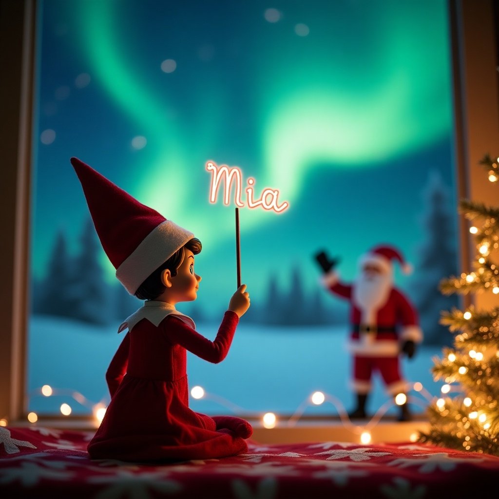 An adorable scene captures a girl Elf on the Shelf with her back to the viewer. She is facing a breathtaking nighttime sky illuminated by the northern lights. The elf, dressed in traditional holiday attire, is using a magic wand to elegantly write the name 'Mia' in the air. In the background, Santa Claus joyfully waves, creating a sense of wonder and joy. The scene is completed with decorative Christmas elements like a beautifully lit tree and twinkling fairy lights, evoking a festive spirit.