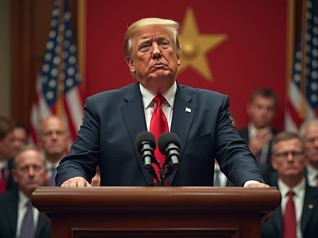 The image depicts a politician standing confidently at a podium adorned with microphones. Behind him are flags representing the United States. The setting suggests a significant political event or press conference. The politician's expression conveys seriousness and determination. This scene likely represents a moment of addressing key issues in politics or international relations.