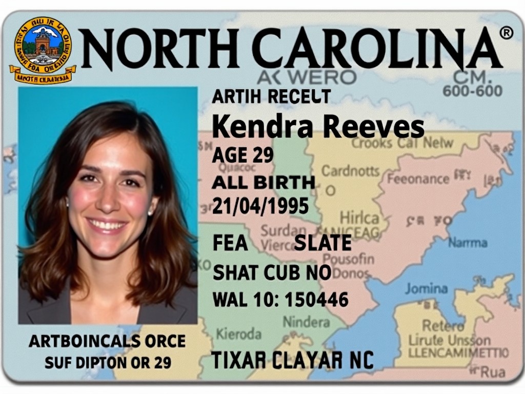 This image showcases a fictional North Carolina ID card. The card features a photo of Kendra Reeves, who is 29 years old with a birth date of April 21, 1995. The background includes a map of North Carolina, emphasizing the state’s location. The card includes essential details such as the state seal, name, age, and date of birth. It exemplifies a well-designed identification card for use in graphic design or digital mockups.