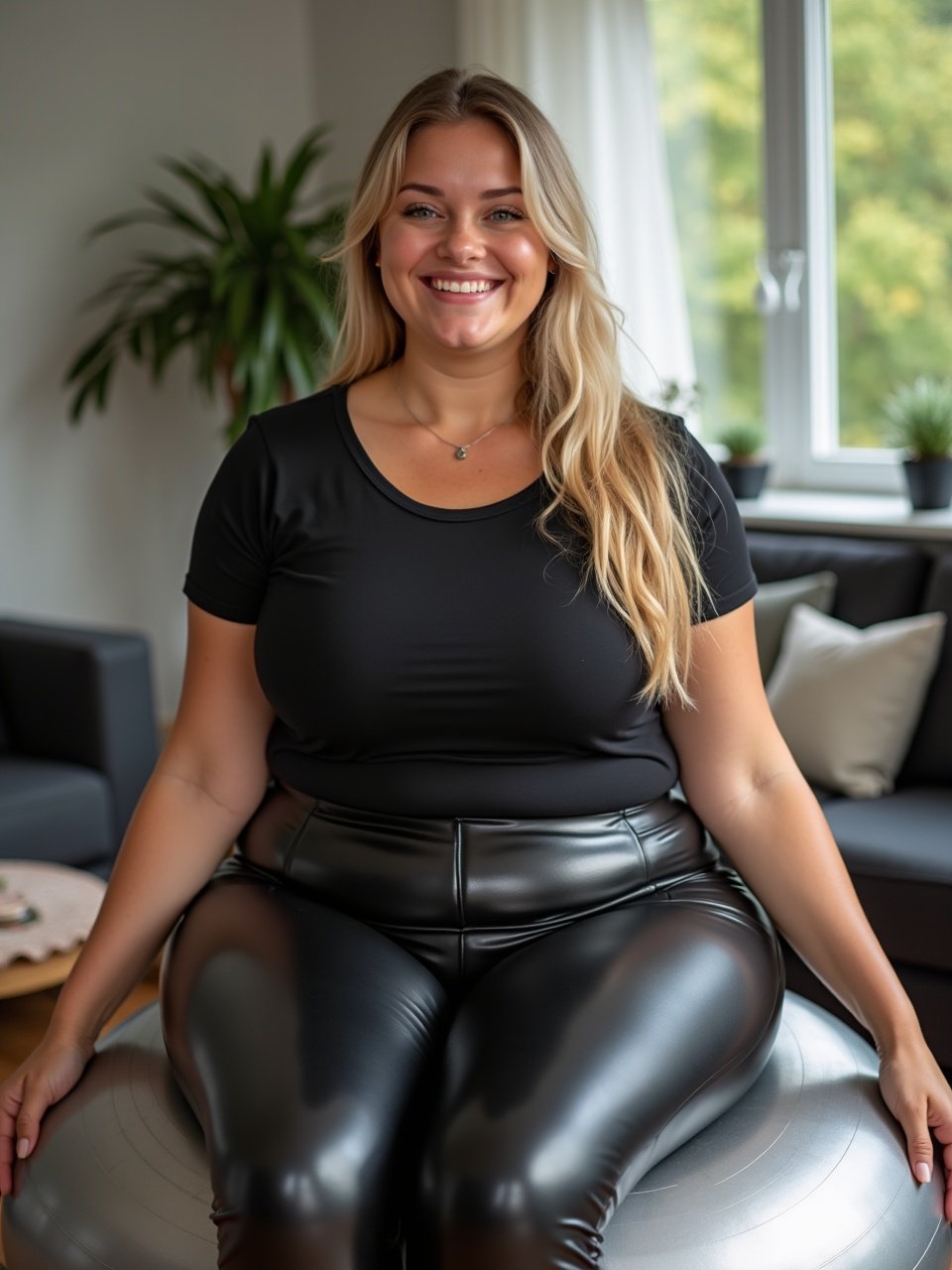 A young, pretty overweight woman is sitting on a shiny silver yoga ball in a cozy Danish living room. She has long blonde hair and is wearing tight black leather leggings and a matching shirt. The room is decorated with indoor plants and comfortable furniture, creating a warm atmosphere. The woman is smiling, exuding confidence and happiness. There's natural light filling the space, emphasizing the inviting ambiance of the setting.