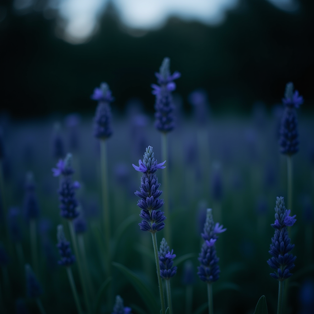 A serene field of lavender flowers captured during twilight, exuding a moody, magical vibe.