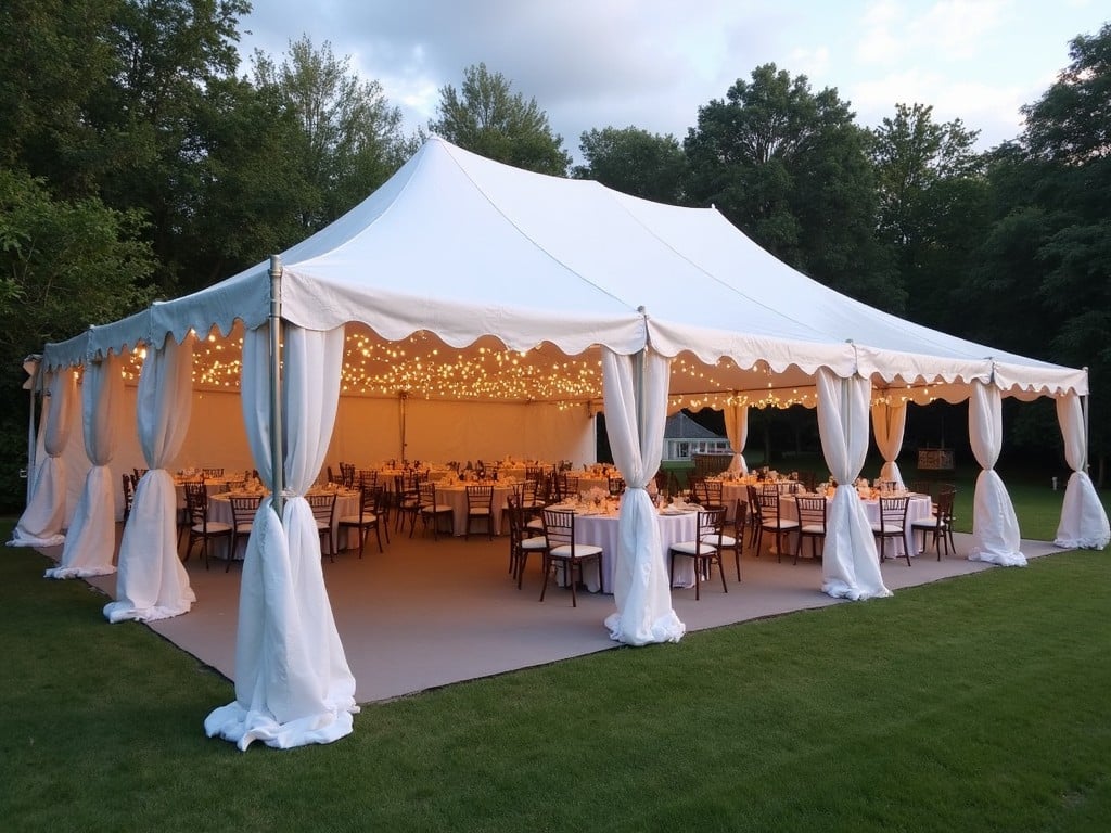 This image features a large outdoor event tent with a pristine white canopy. The tent is set up on grey event flooring, providing a clean and stylish look. Rows of tables with elegant settings are arranged under the canopy, ideal for dining or celebrations. Soft lights are hung inside the tent, creating a warm and inviting atmosphere. The surrounding green lawn adds a natural touch to the overall setup, making it perfect for outdoor events.