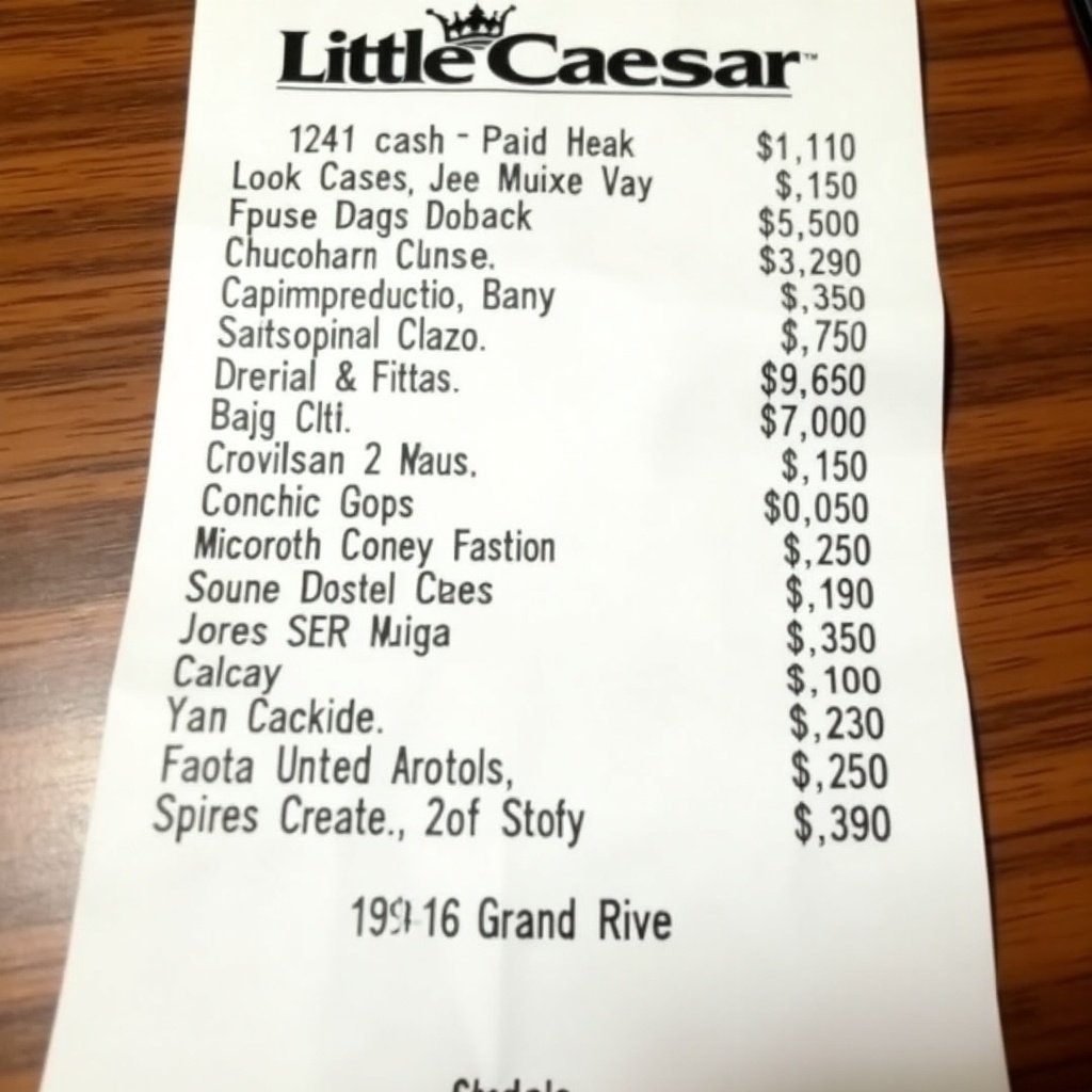 This image is of a Little Caesar pizza receipt from a purchase in Detroit, Michigan. The total payment made was $120 in cash. The receipt is printed on a standard thermal paper commonly used in fast food establishments. It lists various items purchased, with individual prices displayed. The location of the Little Caesar's is on Grand River Ave, a popular area for fast food. The formatting includes details relevant to the transaction including items ordered and their costs.