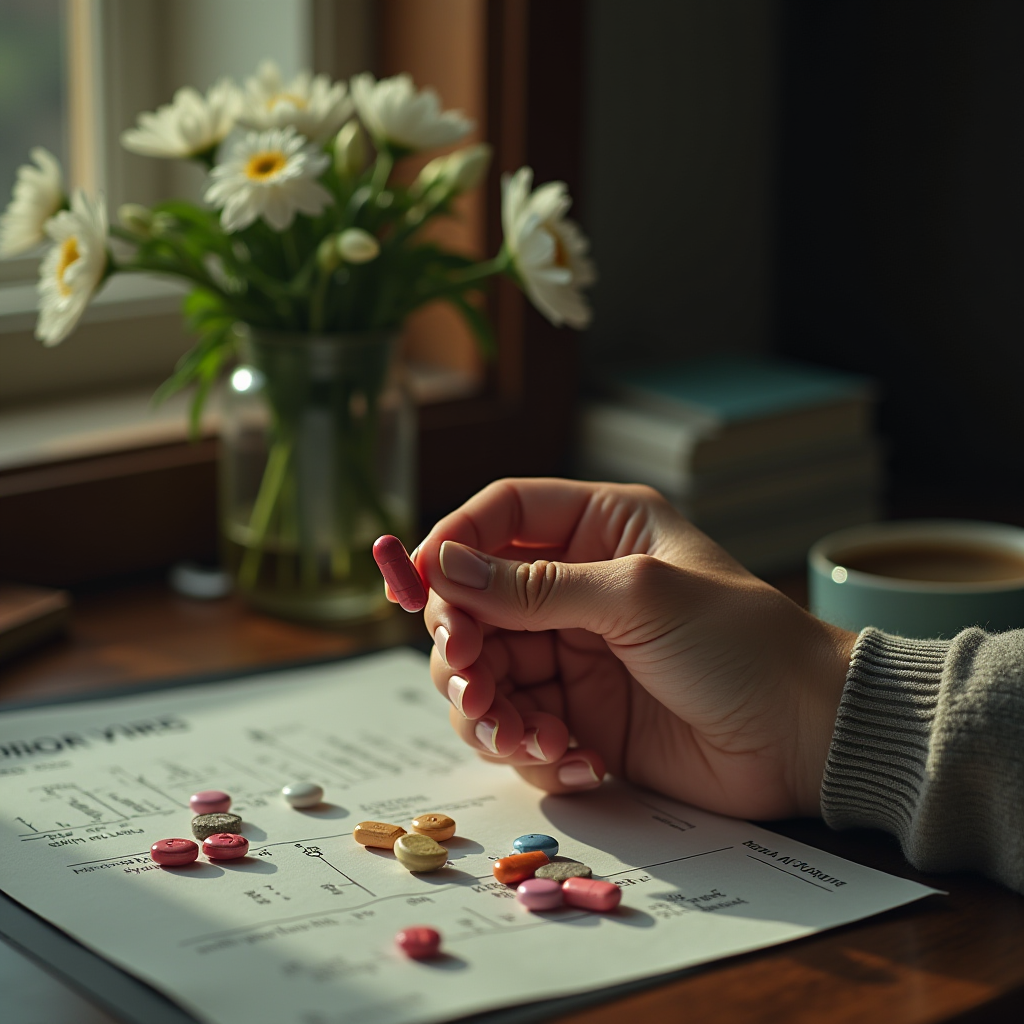 A hand holds a pink pill over a desk with various colored pills, surrounded by a cozy atmosphere of daisies and books.