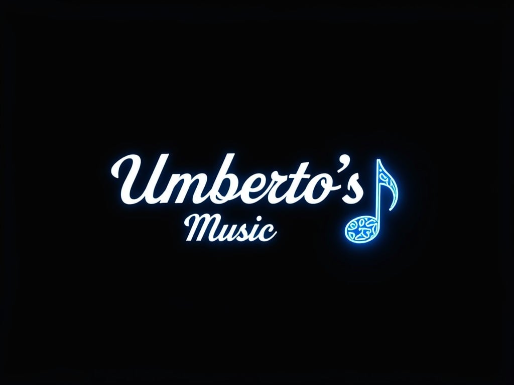 A striking neon sign with the words 'Umberto's Music' in glowing white script, set against a stark black background. A stylized musical note, illuminated in blue with intricate patterns, complements the text, evoking a sense of elegance and modernity. The design merges vintage typography with contemporary neon aesthetics, creating a captivating visual statement.