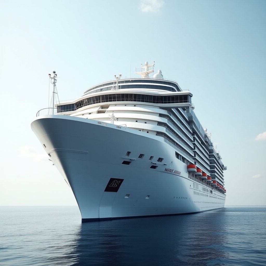 The image captures a majestic cruise ship positioned gracefully on the calm ocean. The ship, designed for a German cruise line, features a sleek, modern architecture with multiple decks and red accents. Soft, natural light bathes the scene, highlighting the elegance and scale of the vessel. The serene ocean provides a perfect backdrop, reinforcing the sense of luxury. This image is ideal for promoting ocean travel and upscale vacations.