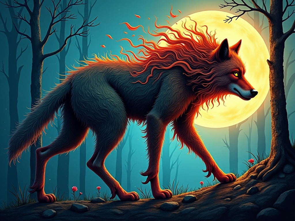 This image features an artistic rendition of a werewolf walking through a mystical forest. The werewolf has a flowing mane of fur that glows with an orange hue against a striking blue background. A large, full moon casts an ethereal light over the scene, highlighting the creature's distinct features. The forest adds to the eerie atmosphere, with bare trees and small flowers at the base of the path. The artwork captures the essence of folklore and mythical beings, presenting a powerful visual representation of the werewolf legend.