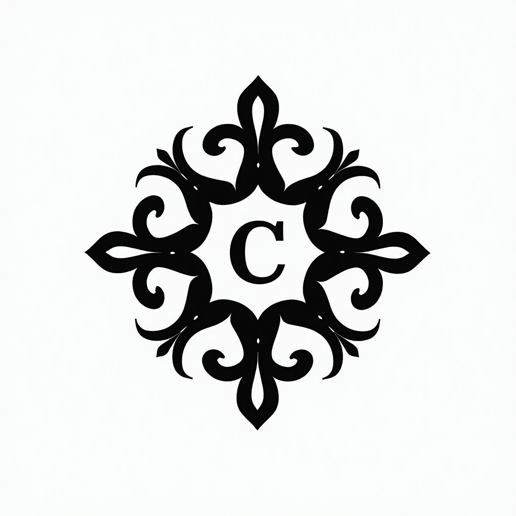 This image features a black and white logo designed for 'Agent C', an AI company. The logo is intricate and symmetrical, highlighting stylized geometric shapes. At the center is the letter 'C', surrounded by detailed shapes that create a visually balanced pattern. The combination of black on a white background emphasizes elegance and modernity. This logo serves as a strong representation for a technology-focused business.