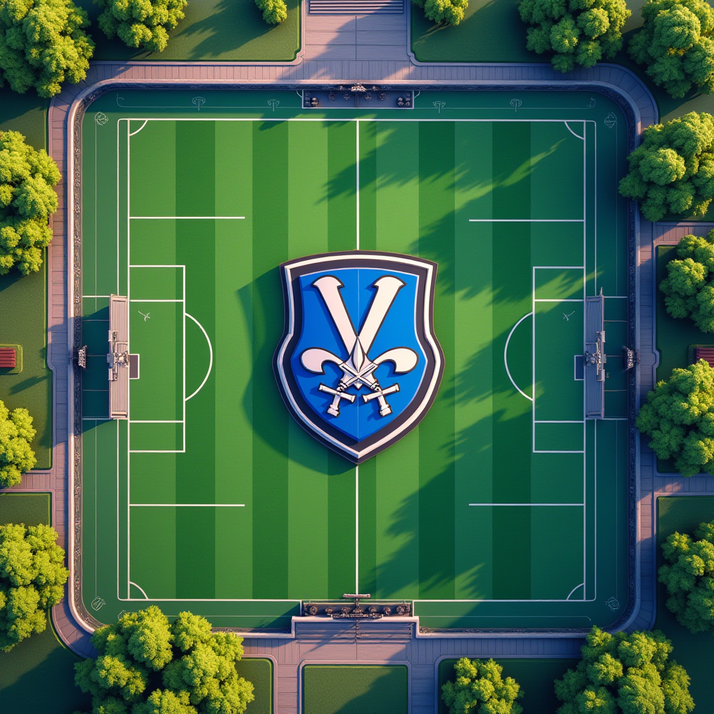 An aerial view of a soccer field with a large, stylized emblem of crossed swords in the center, surrounded by lush greenery and pathways.