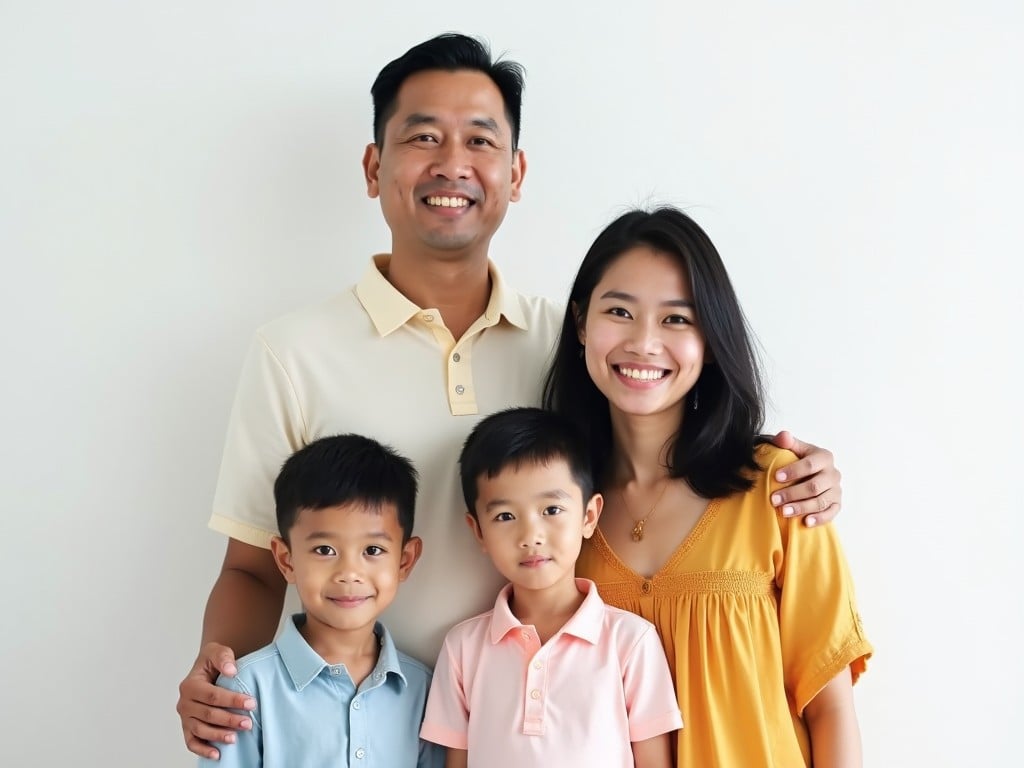 This image showcases an Indonesian family of four against a clean white background. The family includes a smiling man, around 35 years old, and a woman, about 25, both dressed in pastel colors. They are accompanied by two young boys, both around 5 years old, who also wear light pastel clothes. The photo conveys warmth and joy, highlighting the close bond among family members. The overall look is polished, reminiscent of high-quality photography typically captured with a professional camera in a bright setting.