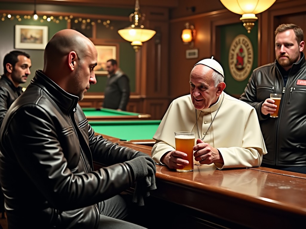 A surreal image depicting a group of people in a bar, with one person dressed as the Pope, sharing a drink and conversation with others in casual leather jackets.