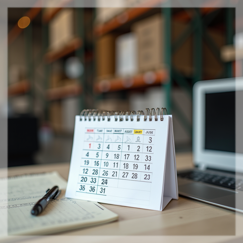 A small desk calendar stands on a table beside a laptop and notepad in a clean, organized office.