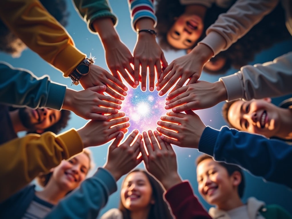 A group of diverse young people gather together, smiling and placing their hands in a circle. In the center of the circle is a glowing space scene, creating a colorful, dreamy effect. The lighting from the center is bright and inviting, casting a warm glow on the participants. The perspective is from above, showcasing the hands and cheerful faces. This image represents unity, friendship, and collective support in a visually striking manner.