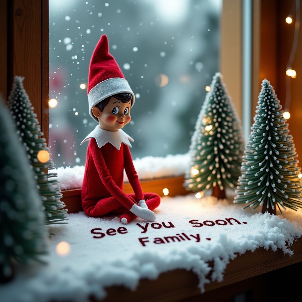 The image features a charming Elf on the Shelf positioned by a window. The elf, dressed in a bright red outfit with a white collar, is seated on a fluffy snow-like blanket. In the snow, the words 'See you Soon. Family.' are written. Outside the window, soft snowflakes fall, enhancing the holiday spirit. Small, decorative Christmas trees border the elf, adding to the festive atmosphere. The warm lighting creates a cozy feel, inviting viewers into a magical winter scene.