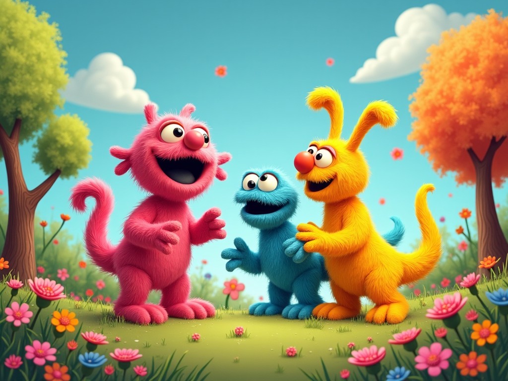 The image features three vibrant, furry characters standing in a sunny park. The pink character has big eyes and a wide smile, while the blue character stands in the middle, looking happy with a big grin. The yellow character on the right has long ears and is playfully engaged with the others. They are surrounded by colorful flowers under a bright blue sky with fluffy clouds. The setting is lively and cheerful, perfect for a children's story or show.