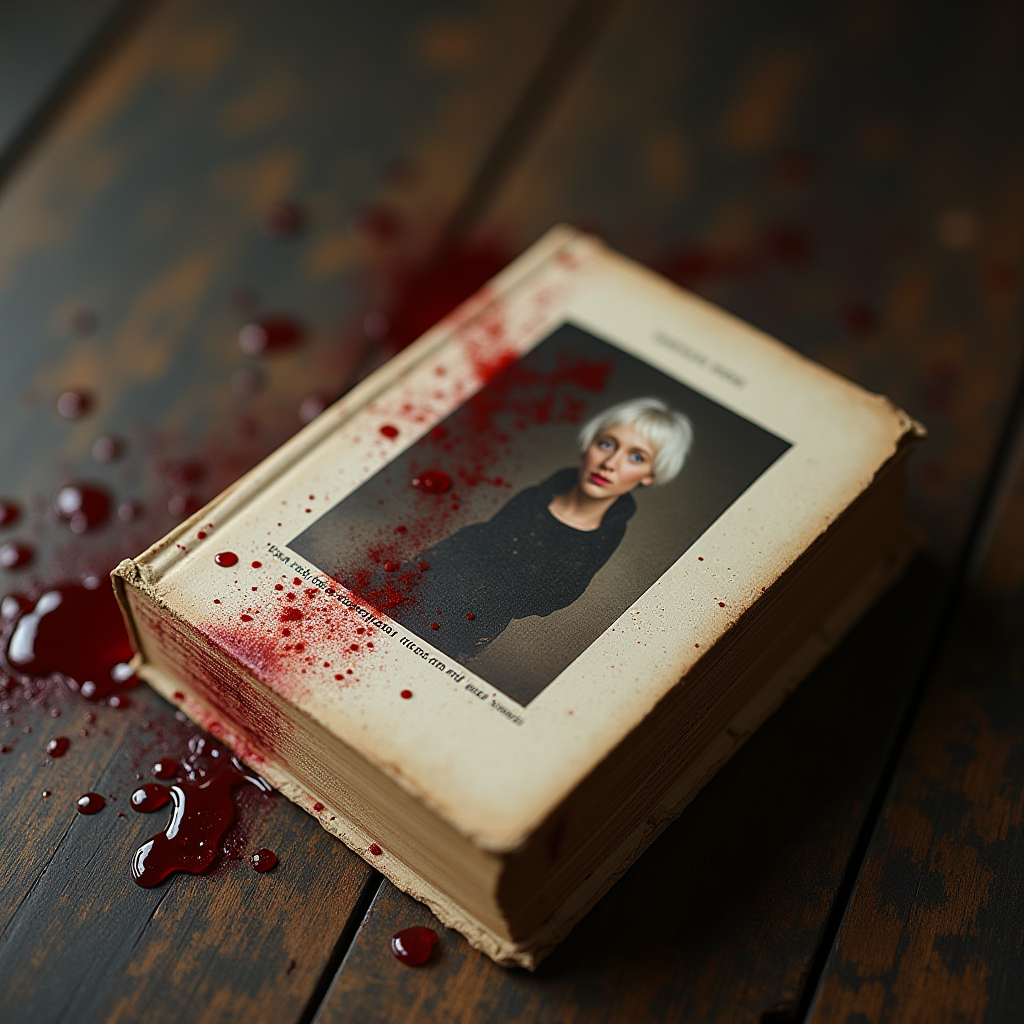 An old, weathered book with a portrait on the cover is splattered with red liquid on a wooden surface.