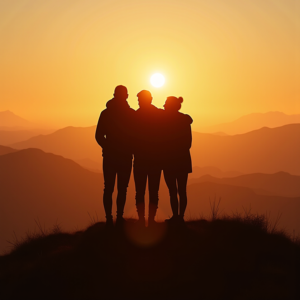 Three people stand as silhouettes against a vibrant, orange sunset over distant mountains.