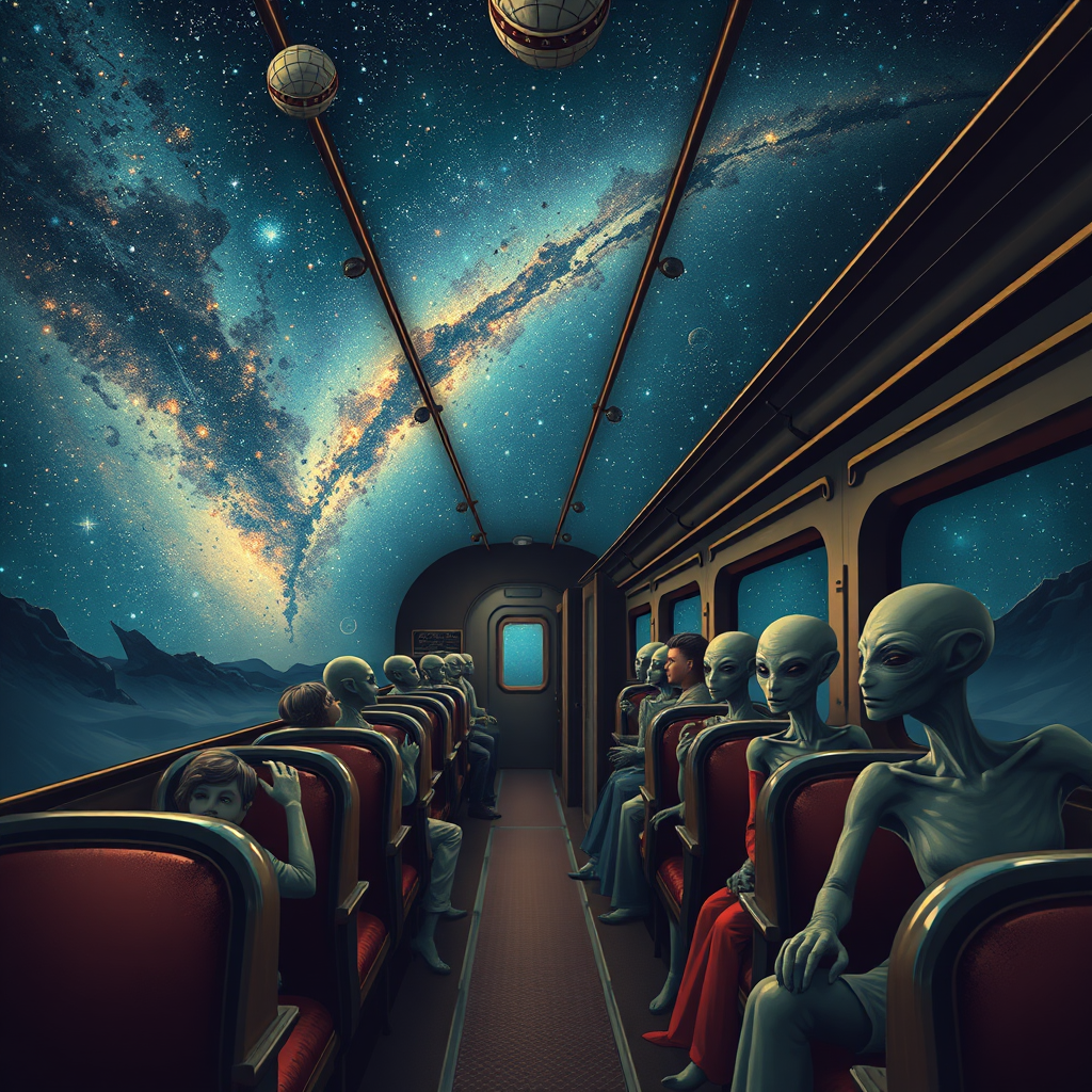 Passengers, including humans and aliens, travel on a train with a celestial view of the Milky Way through the windows.