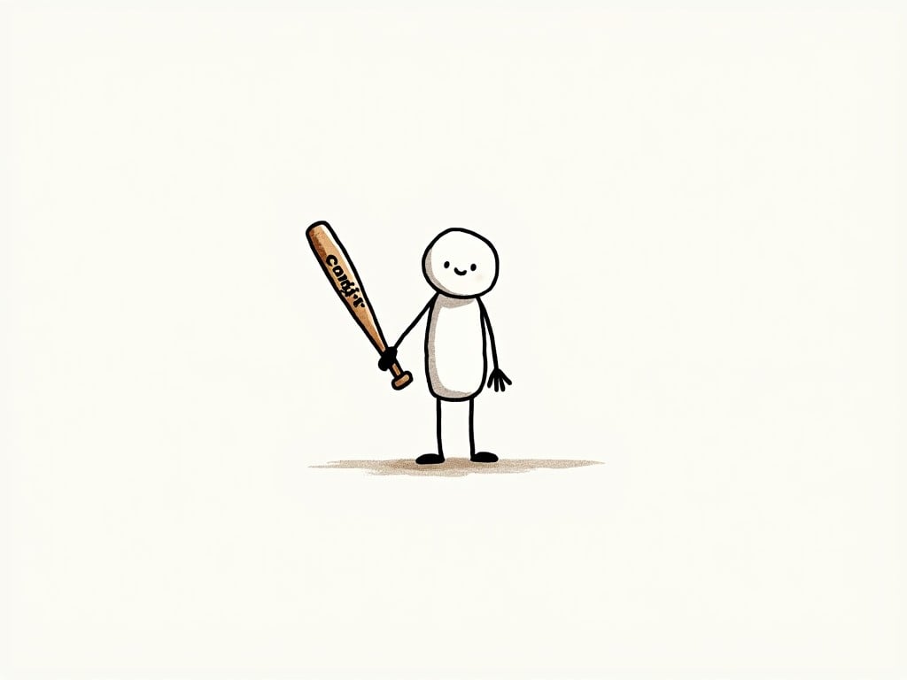 A simple doodle features a stick figure holding a baseball bat labeled 'COMMIT'. The figure is drawn with basic lines and a round head, smiling gently, conveying a sense of determination and positivity. The minimalistic design and the focus on the bat suggest themes of motivation and dedication.