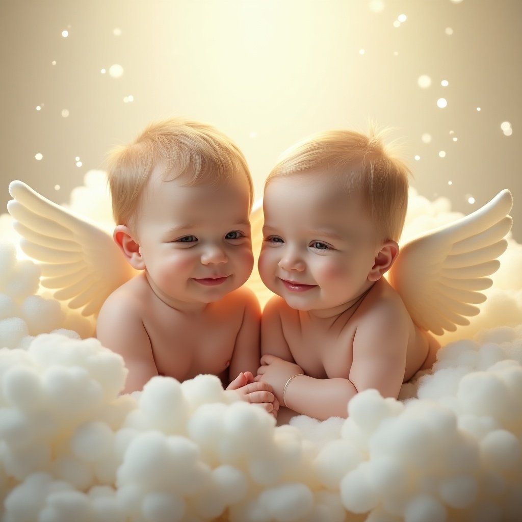 This image features two adorable baby boys named Luke and James, who have gentle smiles and are surrounded by soft, fluffy clouds. Both babies have angel wings, giving them an ethereal appearance. The lighting is soft and glowing, creating a magical atmosphere. The focus is on their joyful expressions, symbolizing innocence and purity. This enchanting scene evokes feelings of warmth and love, perfect for celebrating the bond of brotherhood.